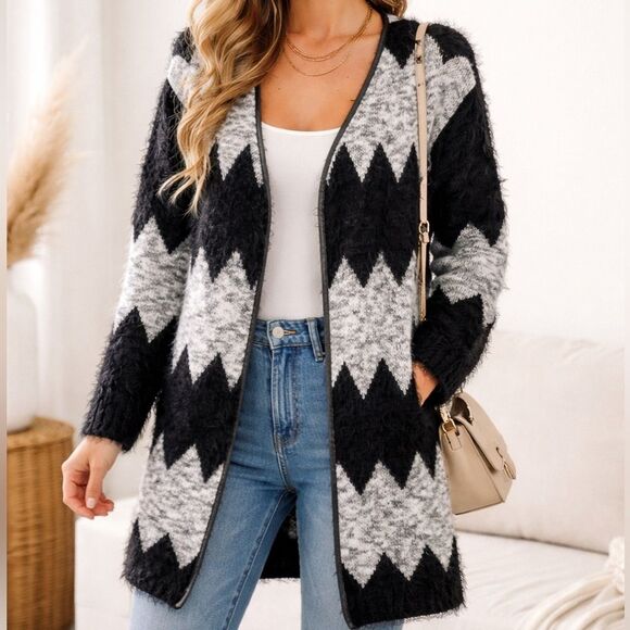 new directions Jackets & Blazers - Black Gray Chevron Open Front Warm Cardigan S Size